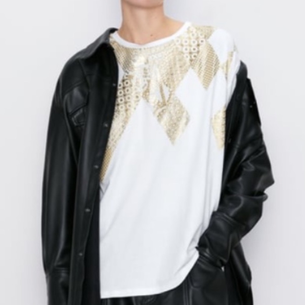 Zara Rubberized White and Gold Oversized T shirt
